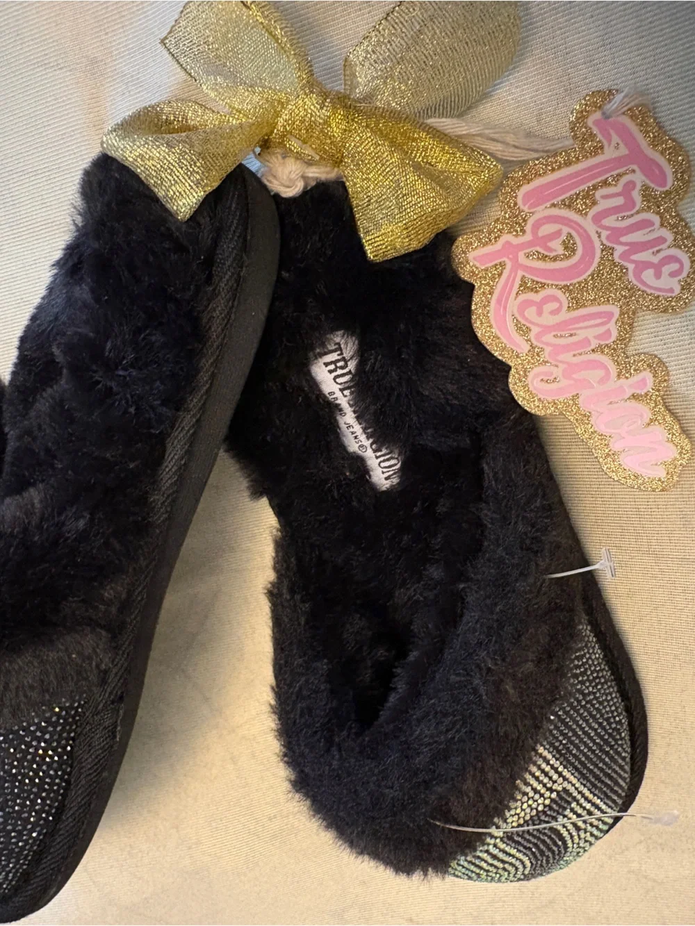 True Religion Black Faux Fur Crystal-Embellished Slip-On Slippers - Picture 3 of 5